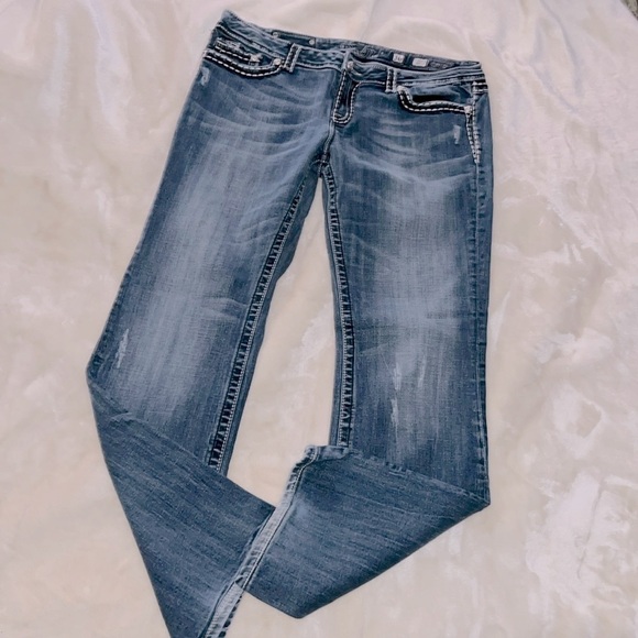 MISS ME 👖 DISTRESSED DESTROYED RIPPED THICK STITCH BOOTCUT JEANS Women 36/18 L33 - Picture 3 of 14